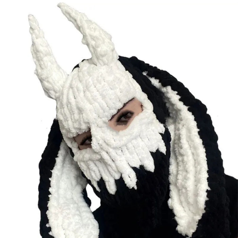 Big Rabbit Ears Handmade Knitted Hat Full Face Cute Bunny Ski Balaclava Warm Hat Halloween Wool Cap Party Spooky All In One Caps