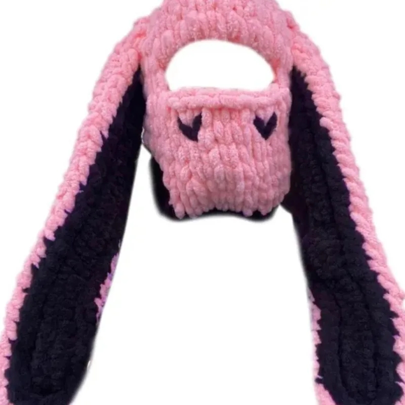 Bear Ears Crochet Balaclava Women Handmade Chain Circle Knitted Hat Fashion Party Chenille Mask Warm Ear Protection Skullies Cap