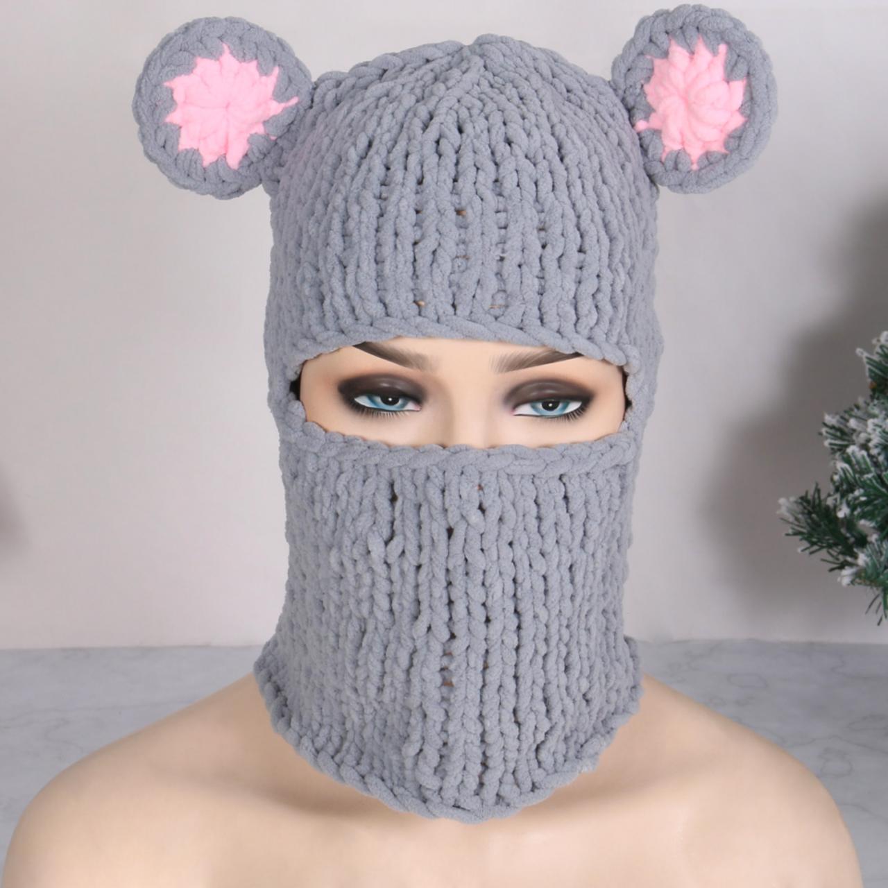 2023 Fashion Women's Winter Beanie Cute Knitted Cartoon Bear Ears Funny Hat Thickened Warm Balaclava Neck Warm French Cover Hat