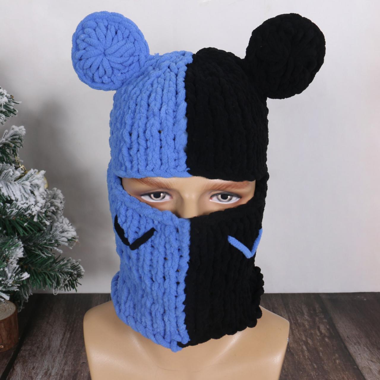 Y2k Unisex Winter Beanie Cute Knitted Cartoon Bear Ears Funny Hat Thickened Warm Balaclava Neck Warm French Cover Hat
