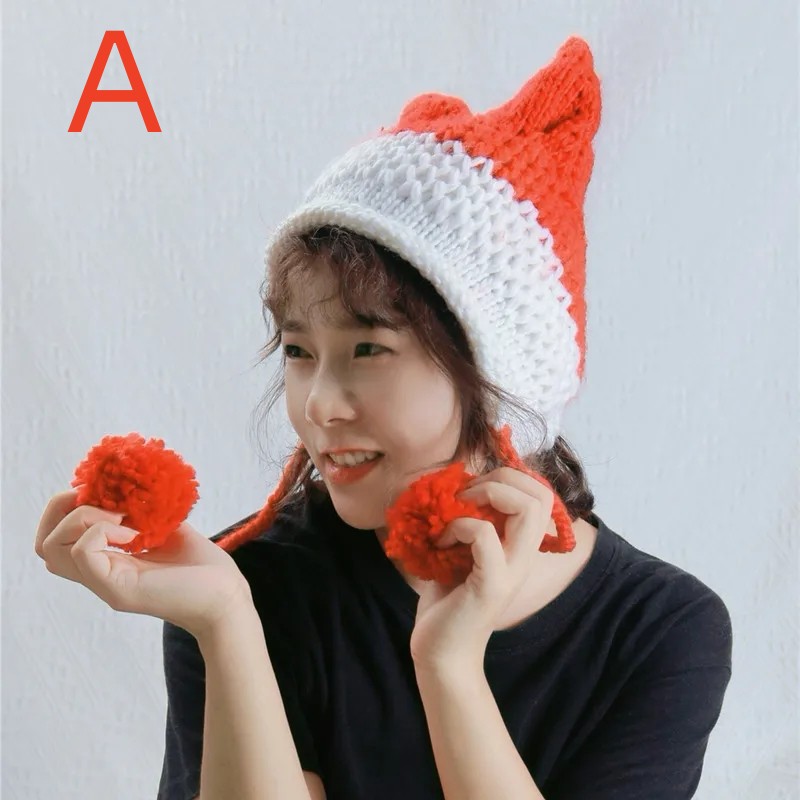 Adult Cute Demon Horn Hat Autumn And Winter Warm Fox Ear Hat Womens Hand Knitted Ear Protector Cat Ear Hat