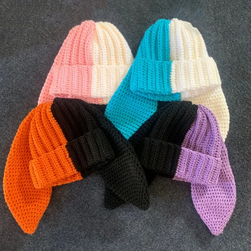 Bunny Bonnets Rabbit Ear Knit Hats Double-layer Warm Halloween Women Girls Cute Earflap Cap