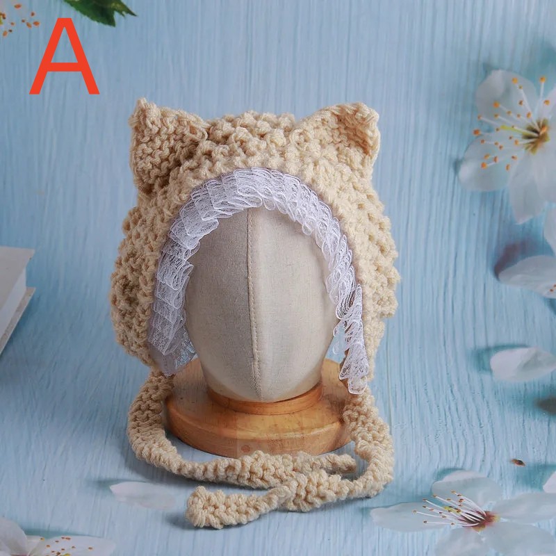 Daily Beanie Knit Hats Lovely Warm Winter Caps Animal Ears Design Lace Decorations Headwear For Adults Teens