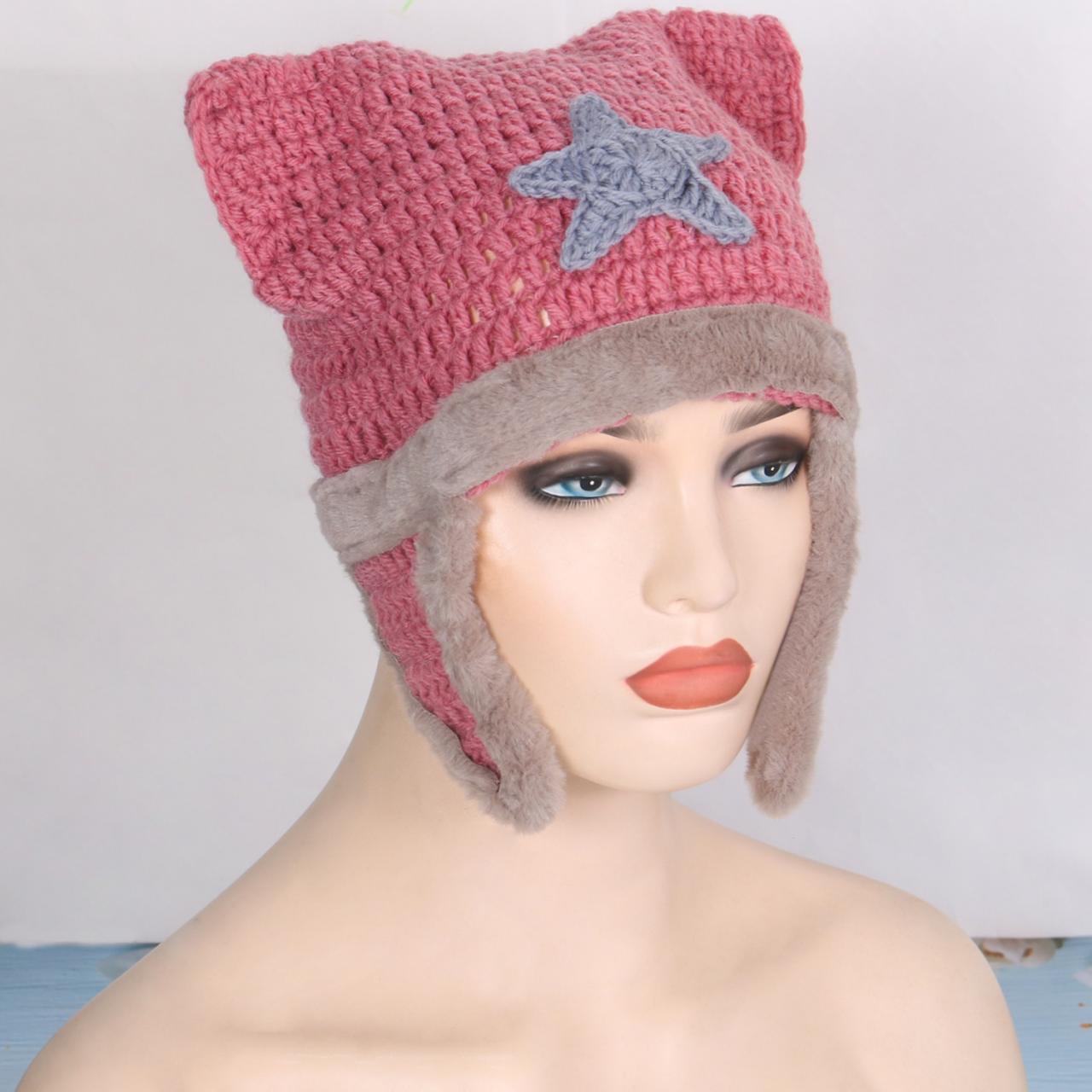 Popular Female Hat Knitting Beanie Hat With Cat Ear Y2k Teens Winter Warm Hat