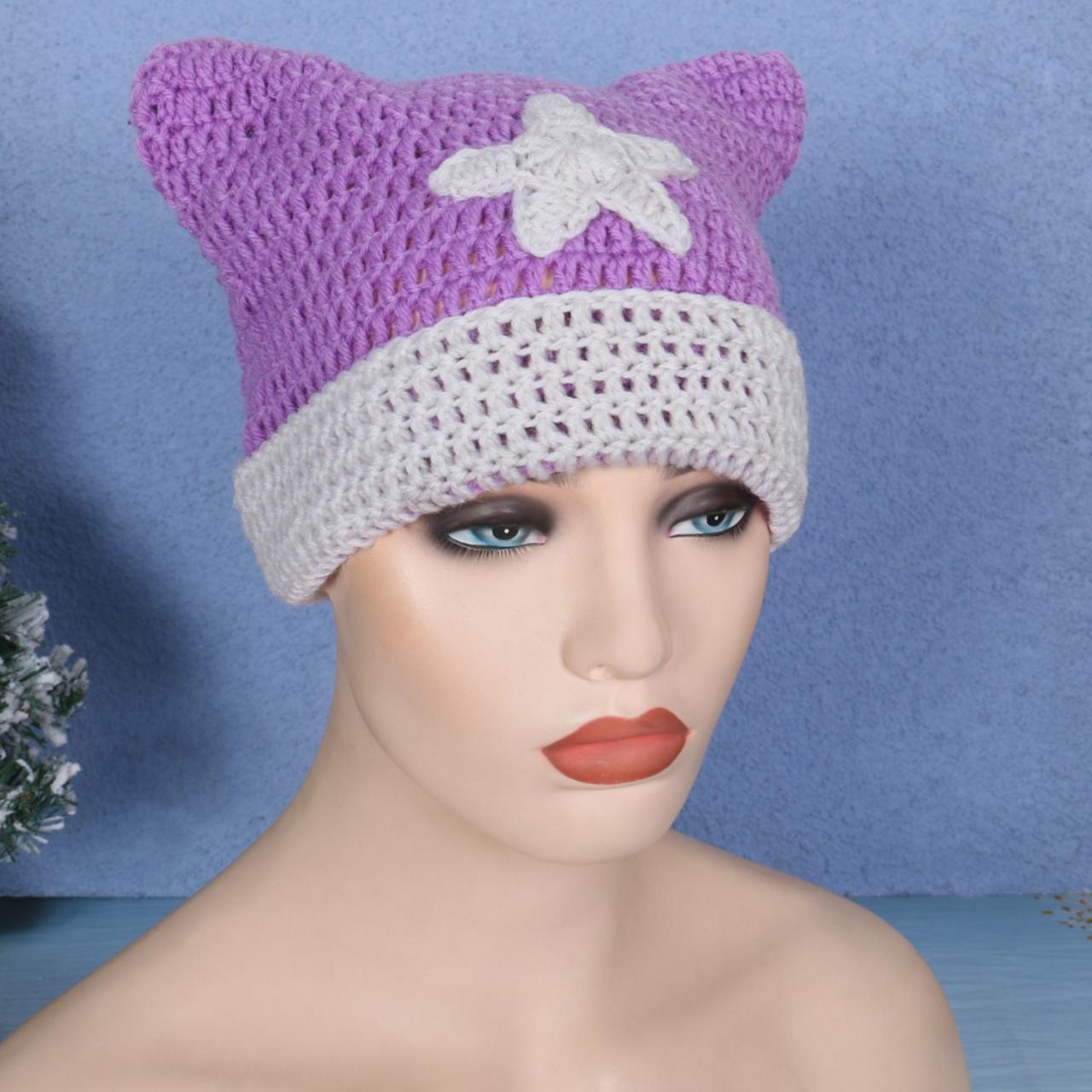 Beanie Hat For Women Little Devil Striped Knitted Wool Cap Autumn And Winter Cute Cat Ears Warmer Bonnet Casual Cap