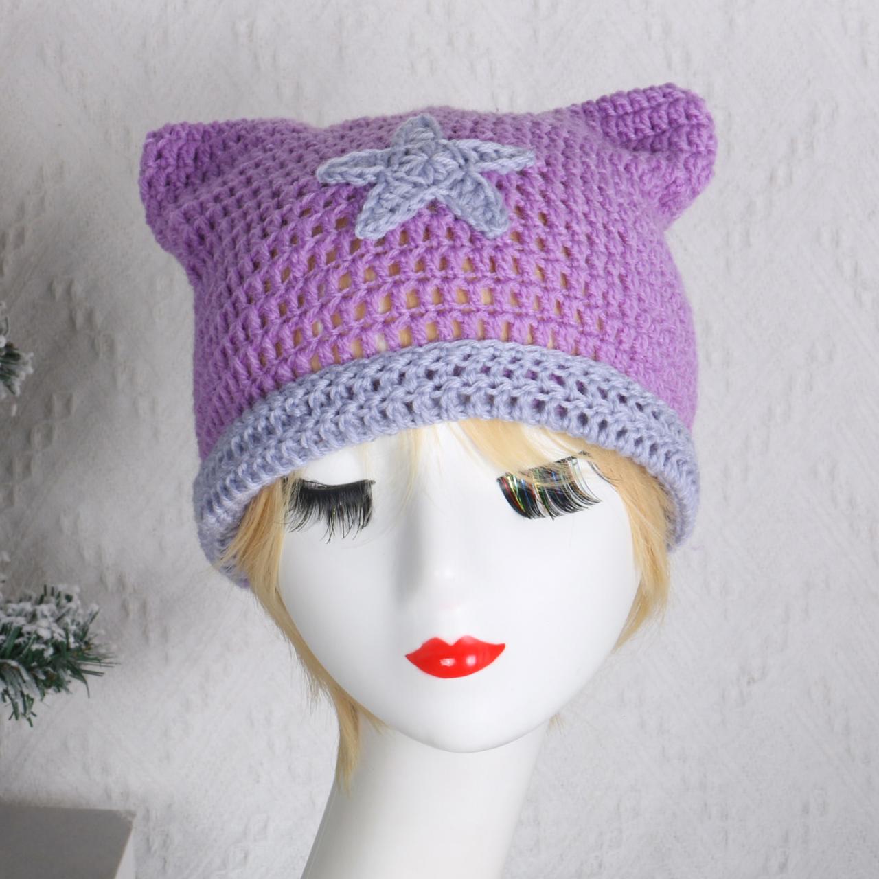 Hat With Ears Y2k Cat Ear Beanie Soft Winter Warmer Knitted Hat Stripe Pattern Handmade Star Japanese Funny Cap Festival Gifts