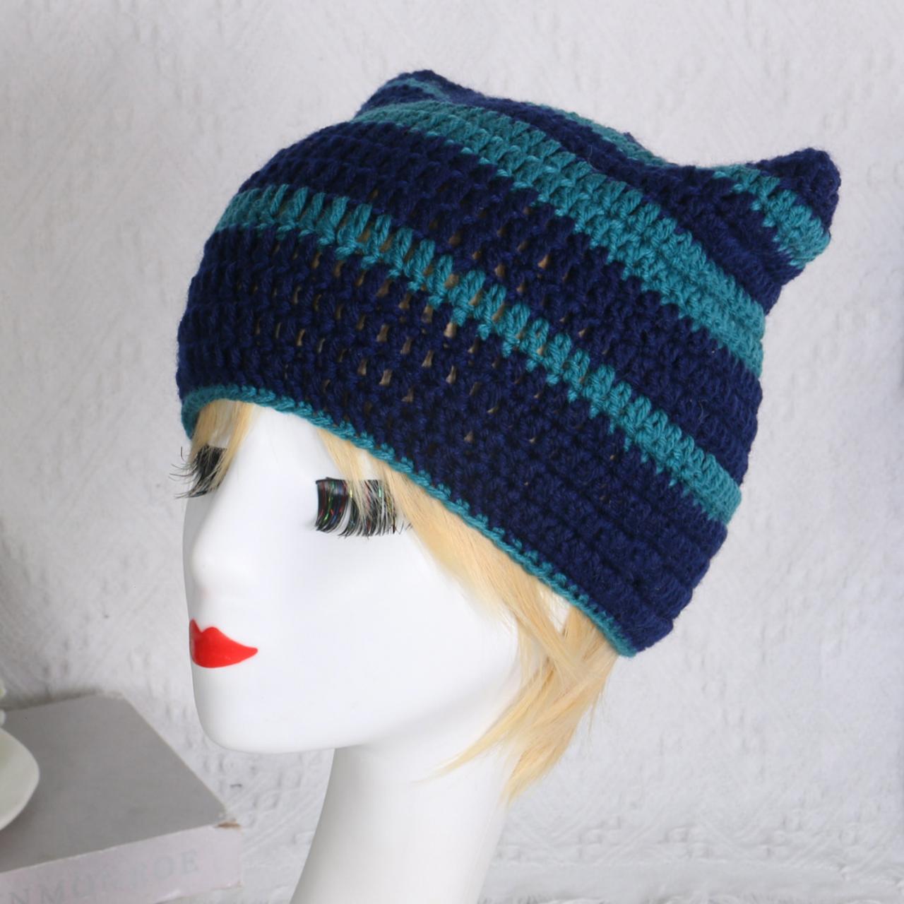 Handmade Woven Cat Pullover Hat Versatile Design For Photography Versatile Star Funny Hat Crochet Stripe Pattern Cat Ear Hat