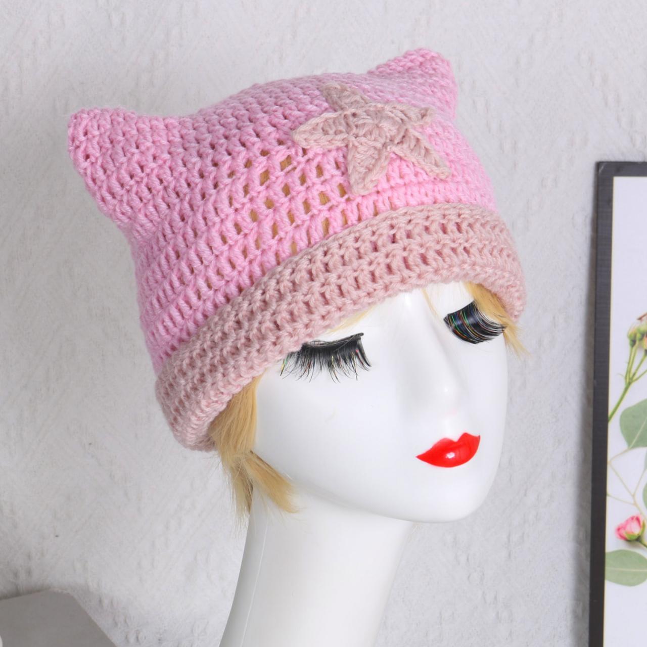 Y2k Beanie Hat Ins Devil Ear Striped Knitted Wool Cap Autumn Winter Pentagram Cute Cat Ears Pointed Pullover Women's Hats