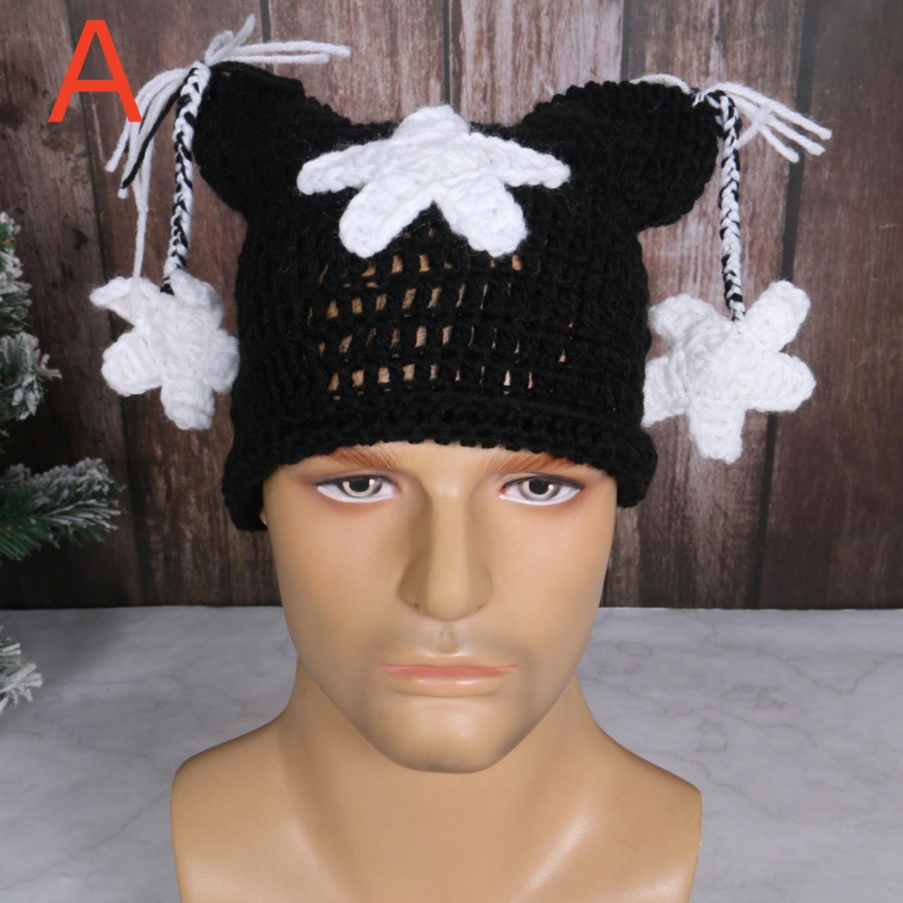 Y2k Crochet Stripe Pattern Handmade Cat Ear Hat Soft Winter Warmer Knitted Hat Presents For Students Teenagers Beanies Bonnet