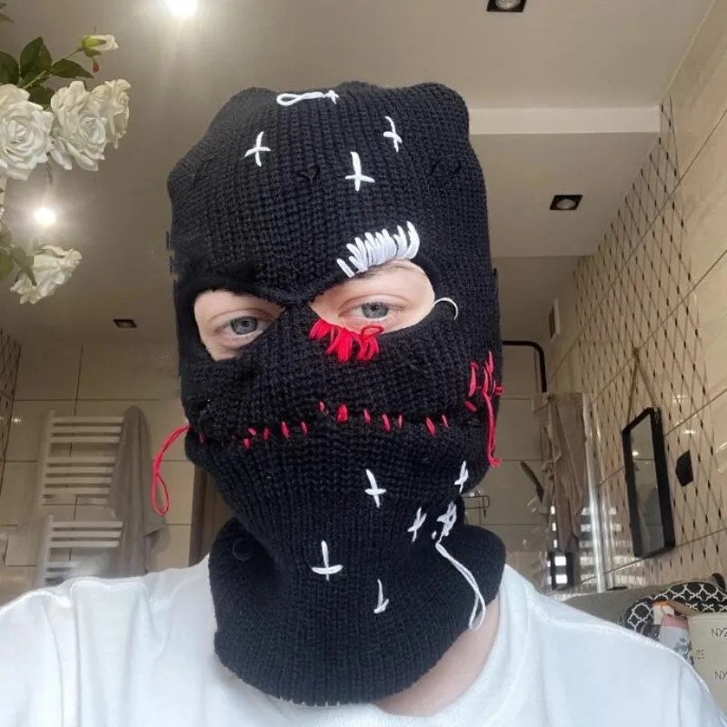 Personality Hip-hop Rock Punk Style Three-hole Knitted Street Heavy Industry Bullet Headgear Trendy Net Red Masked Hat