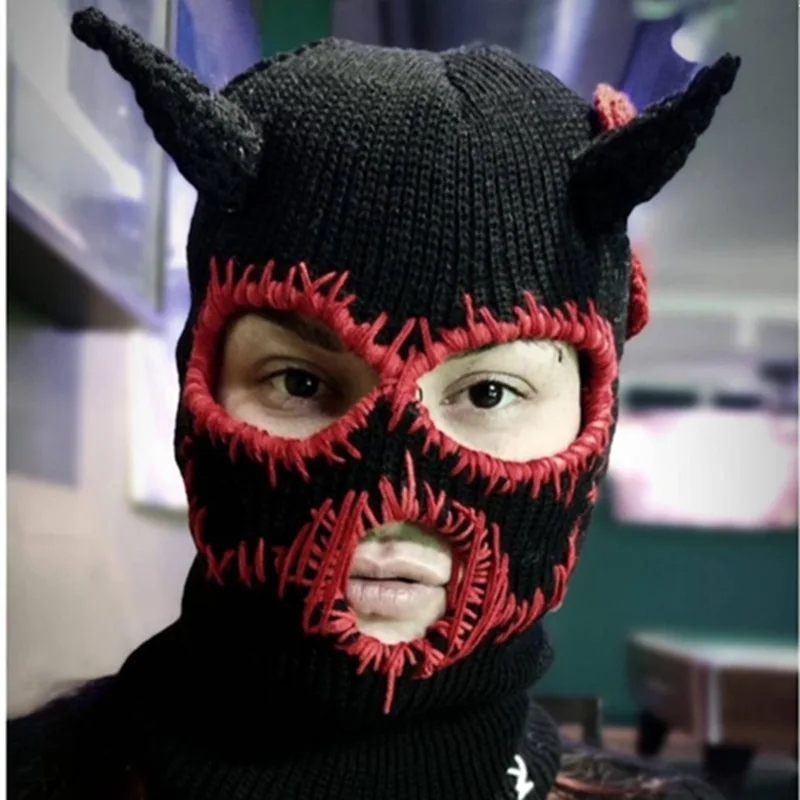 Women Knitted Caps With Devil Horns Halloween Horror Beanie Winter Warm Knitting Hat Knit Hat Ski Mask For Teenagers