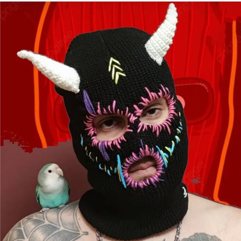 Halloween Funny Horns Creative Knitted Hat Beanies Warm Full Face Cover Ski Hat Windproof Balaclava Hat For Outdoor Sport