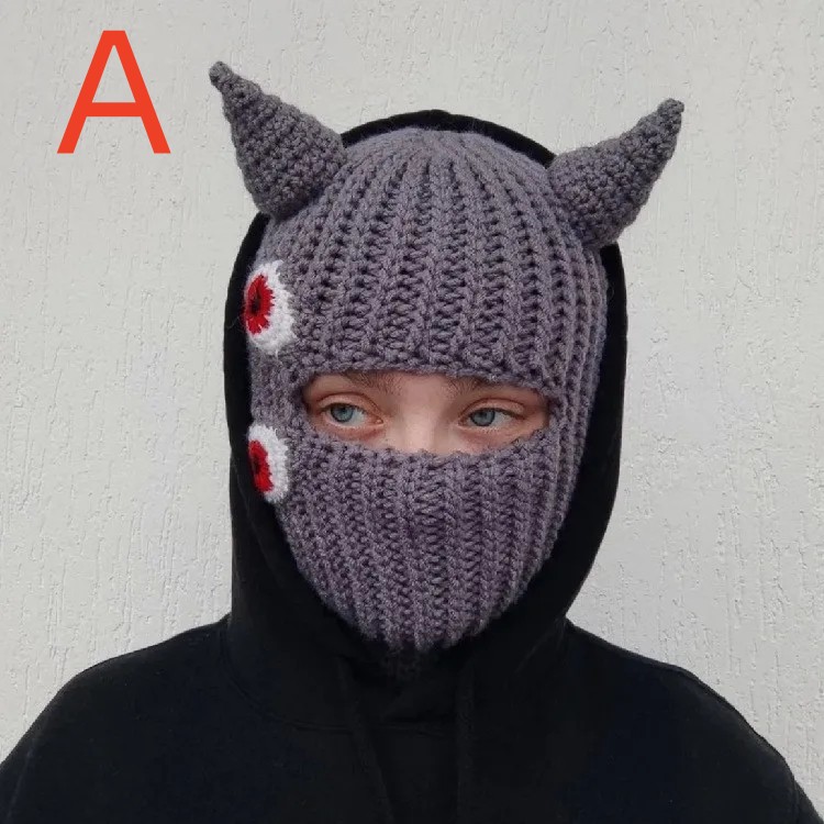 Outdoor Balaclava Horns Woolen Hat Winter Warm Knitted Hat Full Face Mask Beanies Ski Mask Hat For Halloween Xmas
