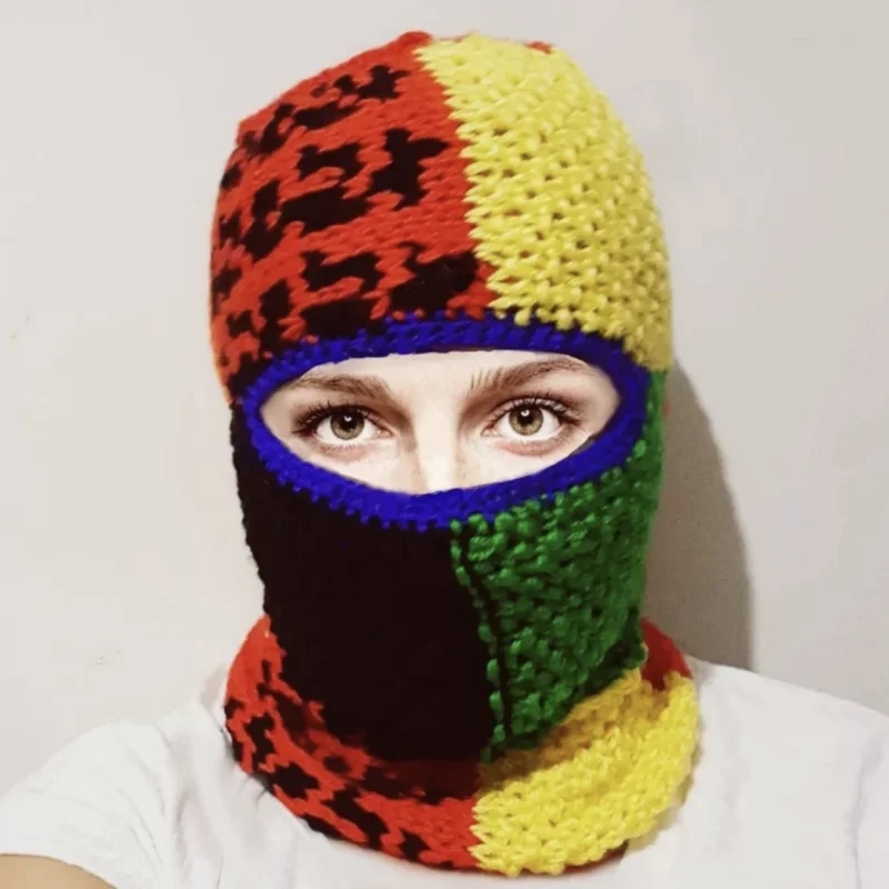 Women Knitted Color Matching Balaclava Cap Winter Unisex Men Warm Ear Protection Scarf Wool Pullover Snood Hat Collar Bonnet