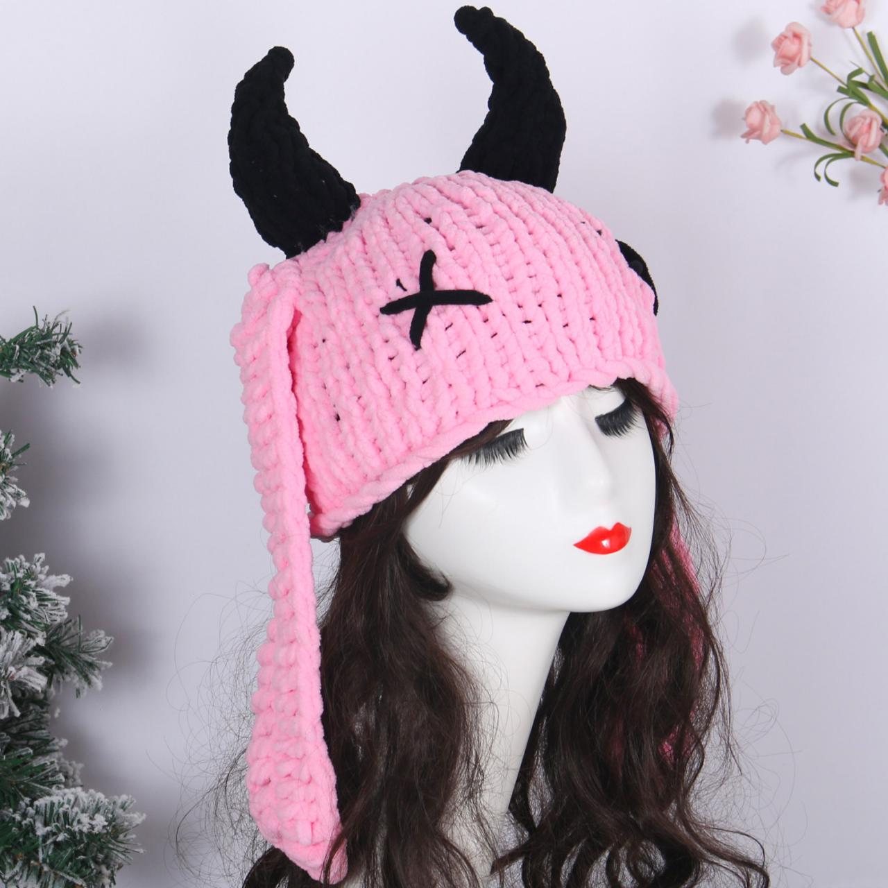 Y2k Unisex Winter Beanie Cute Knitted Cartoon Bear Ears Funny Hat Thickened Warm Balaclava Neck Warm French Cover Hat