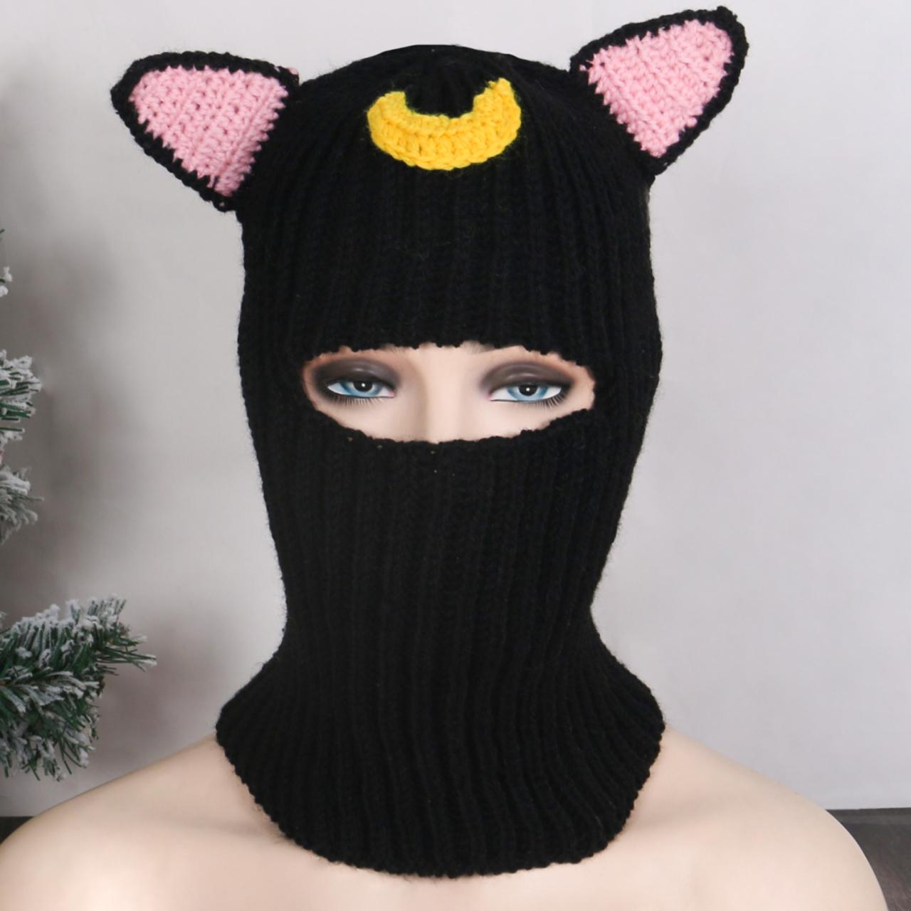 Handwoven Balaclava Hat For Female Knitted Pullover Cap With Bear Ears Costume Full Face Mask Cap Outdoor Sport Headgear