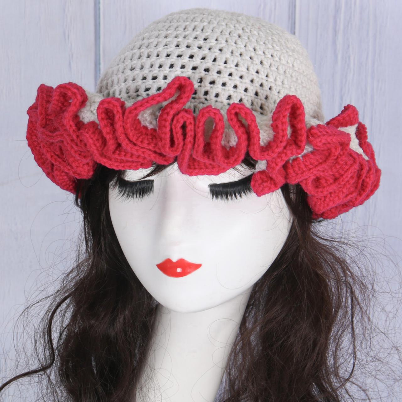 Sweet Girls Crochet Ruffled Brim Bucket Hat Ladies Fisherman Hat Exaggerated Teens Winter Windproof Hat