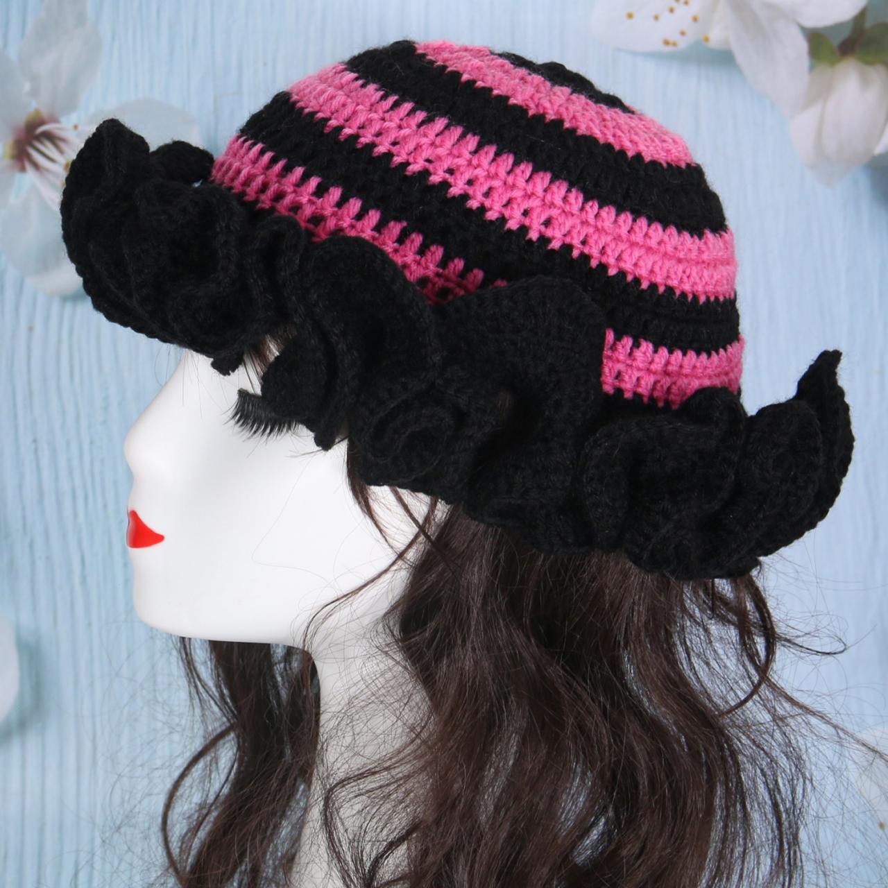 Handmade Crochet Bucket Hat For Woman Teen Outdoor Commute Fisherman Hat Ruffled Brim Winter Windproof Carnival Hat
