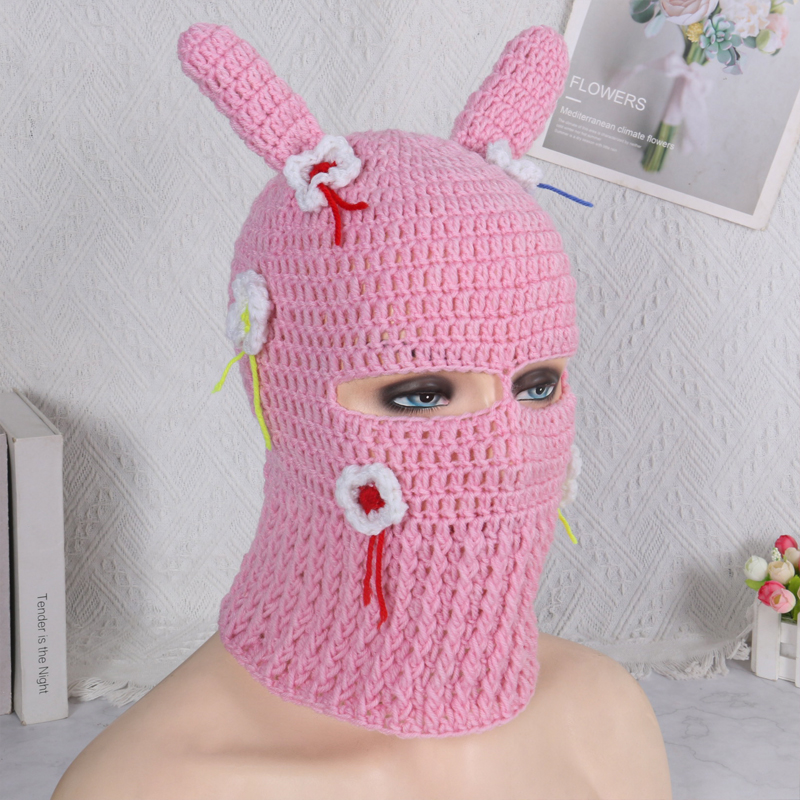 Halloween Girls Cute Cartoon Animal Ears Flowers Cap Knitting Bunny Ear Windproof Mask Winter Warm Snowboard Hat