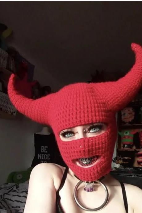 Halloween Funny Horns Knitted Hat Beanies Warm Full Face Cover Ski Mask Hat Windproof Balaclava Hat For Outdoor Sport