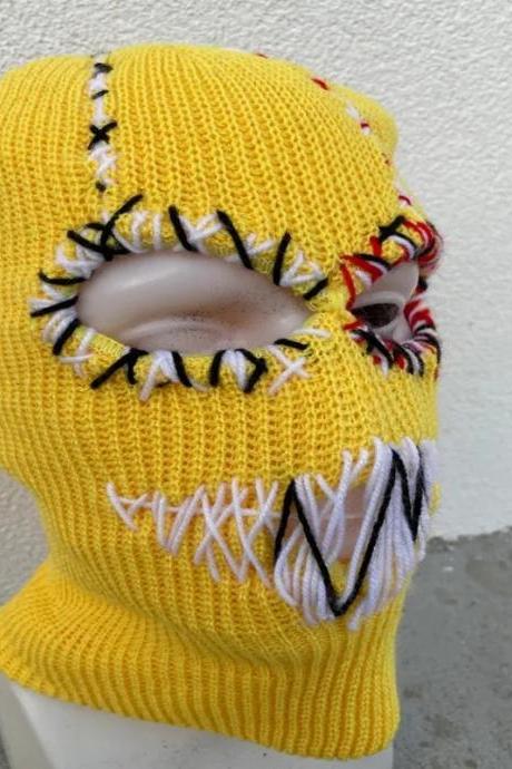 Halloween Balaclava Knit Beanie Hat Scary Teeth Robber Head Covering Party Holiday Winter Warm Hat Full-head Grimace