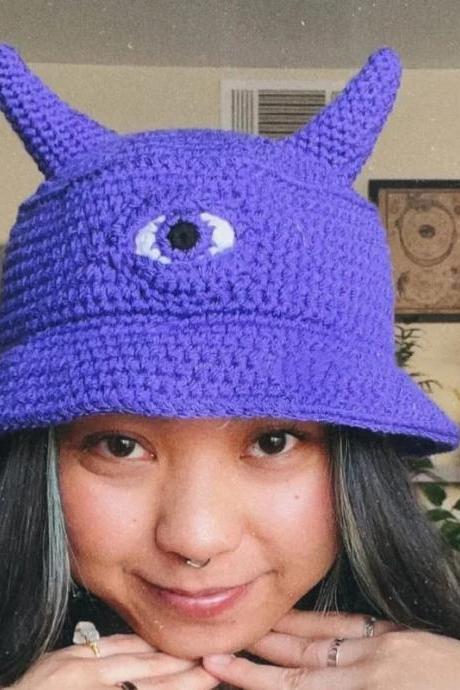 Men Women Cute Knit Bucket Hat Devil Horns Single Eye Halloween Cap Warm Hats Unisex For Teens Adults