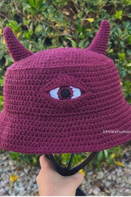 Cute Horn Hat Men Women Cute Knit Bucket Hat Devil Horns Single Eye Halloween Cap Warm Hats Unisex For Teens Adults
