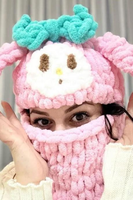 Halloween Devil Sanrio Kuromi Creative Knitted Hat Beanies Warm Full Face Cover Ski Mask Windproof Balaclava Hat Outdoor Sport