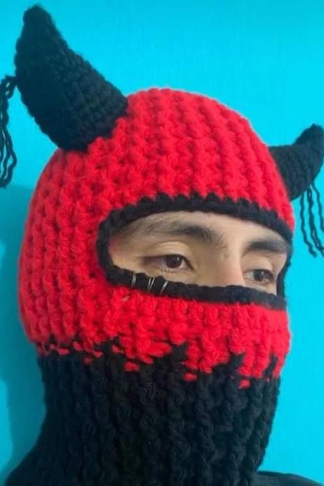 Halloween Funny Horns Knitted Hat Beanies Warm Full Face Cover Ski Mask Hat Windproof Balaclava Hat For Outdoor Sport Winter Hat