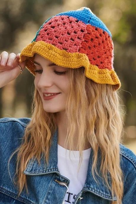 Summer Sunshade Hats Straw Woven Handmade Crochet Bucket Straw Flowers Fisherman Caps Breathable Bucket Hat Pure