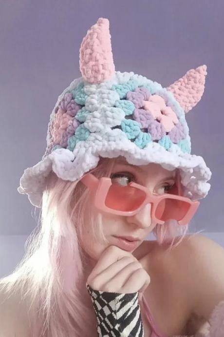 Spring Summer Fashion Travel Ladies Hollowed Out Basin Hat Creative Horn Girls Handmade Crochet Flower Bucket Cap
