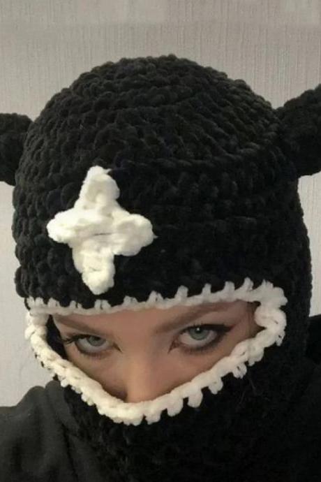 Crochet Elastic Windproof Devil Horn Balaclava Hat For Women Men Keep Neck Warm Hat Winter Cycling Hiking Skiing Supplies