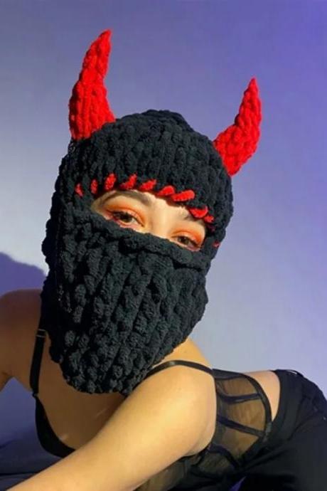 2023 Halloween Unisex Knitted Balaclava Hat Devil&amp;#039;s Horn Winter Warm Adult Party Funny Beanies Cap Handmade Bonnet