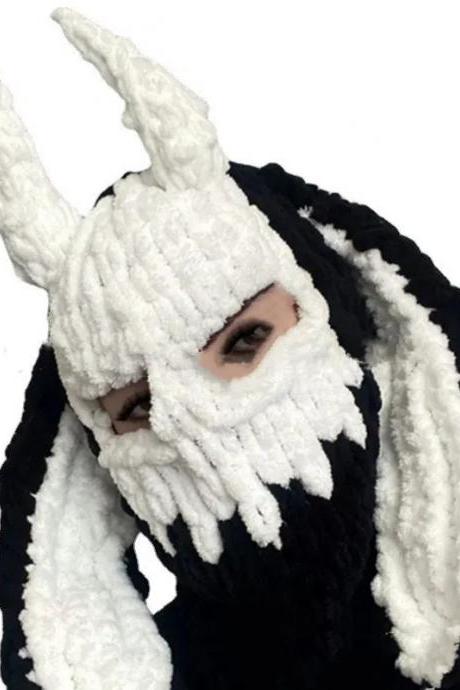 Big Rabbit Ears Handmade Knitted Hat Full Face Cute Bunny Ski Balaclava Warm Hat Halloween Wool Cap Party Spooky All In One Caps