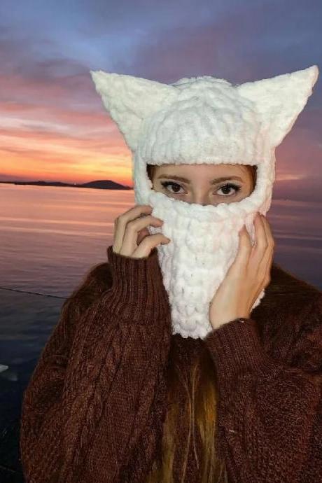 Devil Hat Halloween Knitted Ears Winter Beanie For Girls Y2k Girls