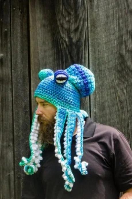 Men Funny Octopus Hat Handmade Knitted Animal Tentacle Pullover Hat Women Adult Halloween Party Cosplay Funny Dress Up