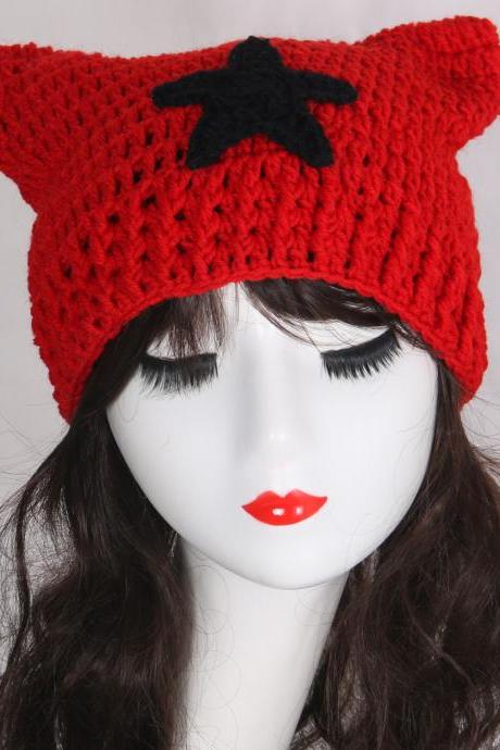 Cute Cat Ears Beanie Hats For Women Winter Striped Korean Punk Gothic Y2k Wool Knitted Streetwear Handmade Crochet Bucket Cap