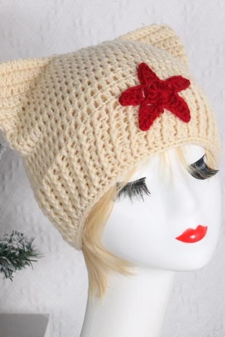 Y2k Style Handmade Cat Ear Shape Hat Knit Winter Windproof Hat With Dangle Star
