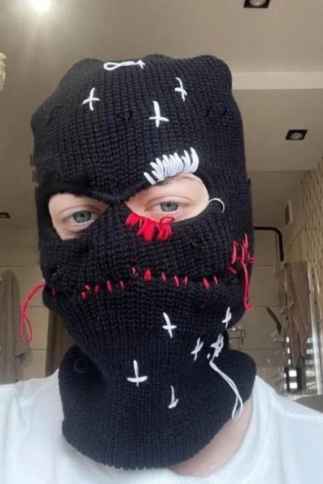 Personality Hip-hop Rock Punk Style Three-hole Knitted Street Heavy Industry Bullet Headgear Trendy Net Red Masked Hat