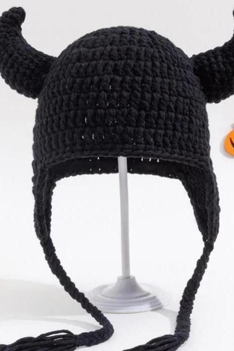 2023 Adult Horn Hat Halloween Funny Dress Up Handmade Hooked Knitted Wool Mask One Piece Hat