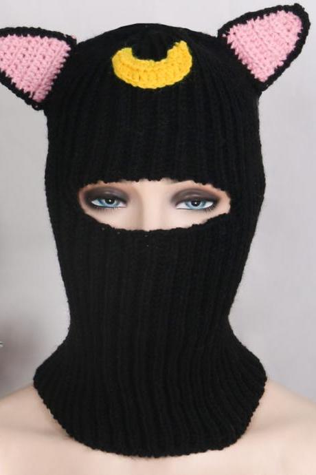 Handwoven Balaclava Hat For Female Knitted Pullover Cap With Bear Ears Costume Full Face Mask Cap Outdoor Sport Headgear